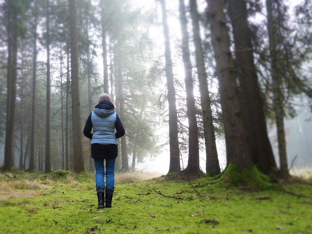 midlife woman taking a walk through the forest